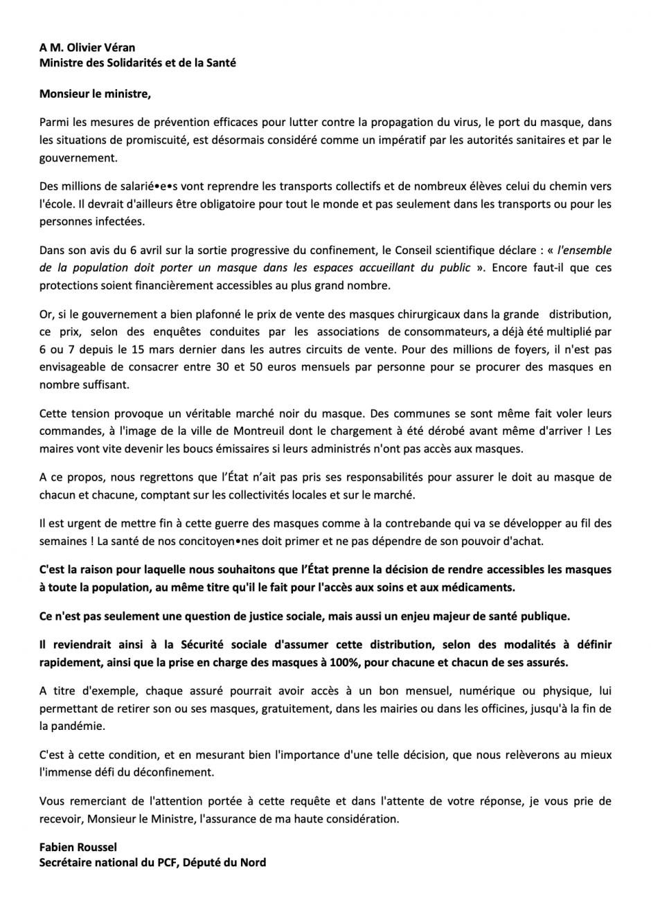 Lettre de Fabien Roussel à Olivier Véran, ministre des Solidarités et de la Santé, sur la gratuité des masques - 11 mai 2020