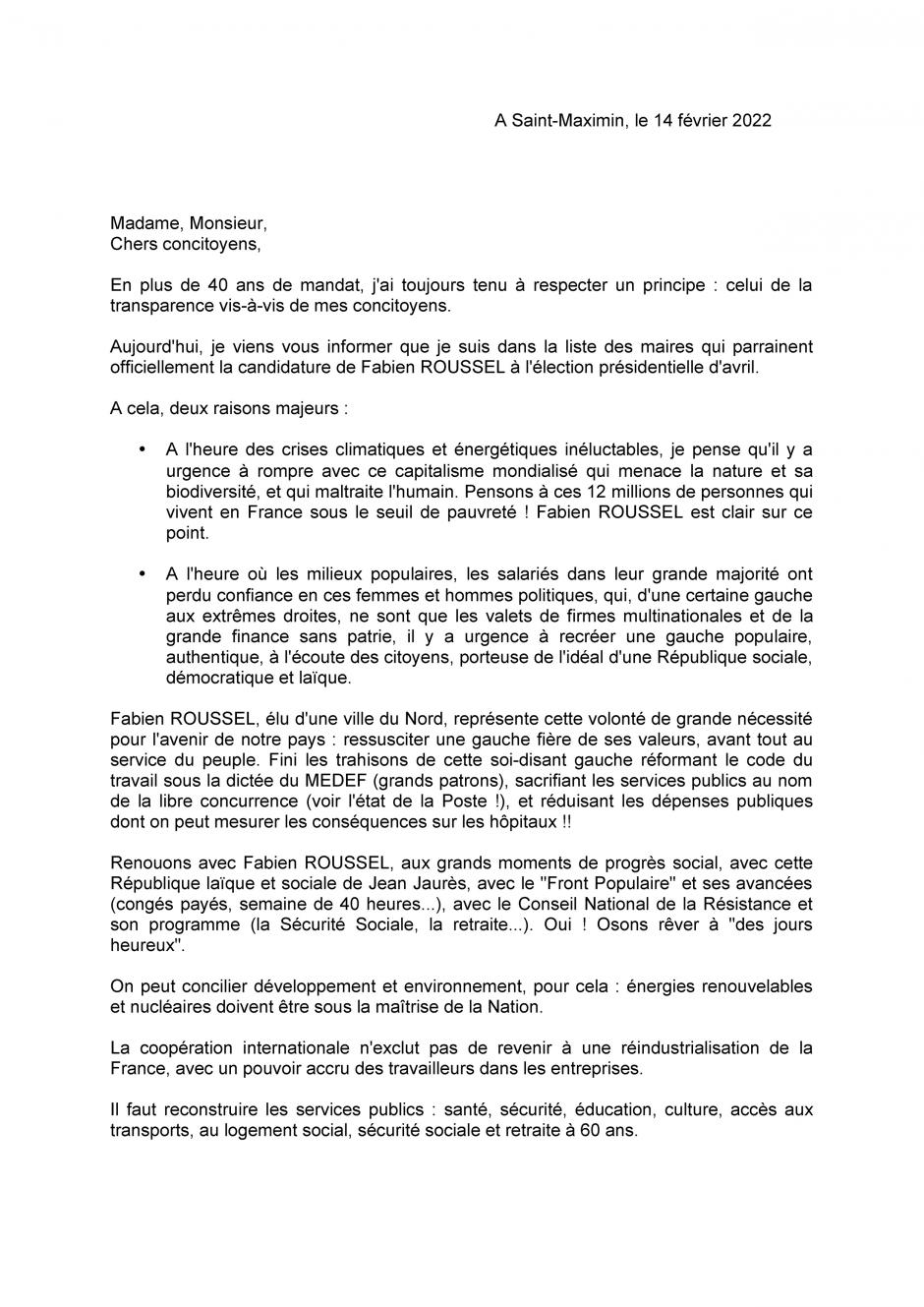 Appel de Serge Macudzinki et de 16 élu·e·s saint-maximinois·es à voter Fabien Roussel - Saint-Maximin, 14 février 2022 